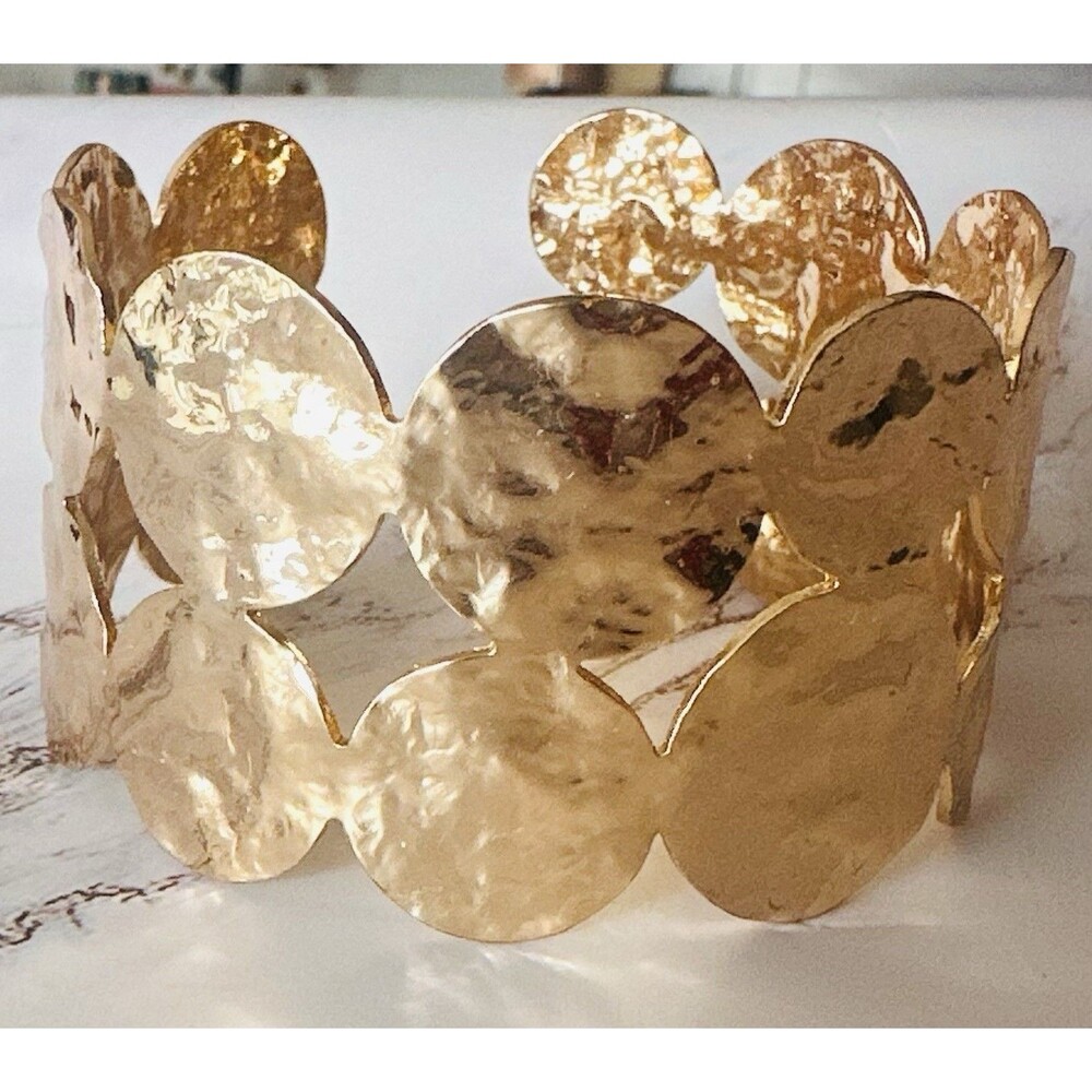 Gold Tone Hammered Wide Cuff Bracelet Statement Boho Modernist Open Adjustable